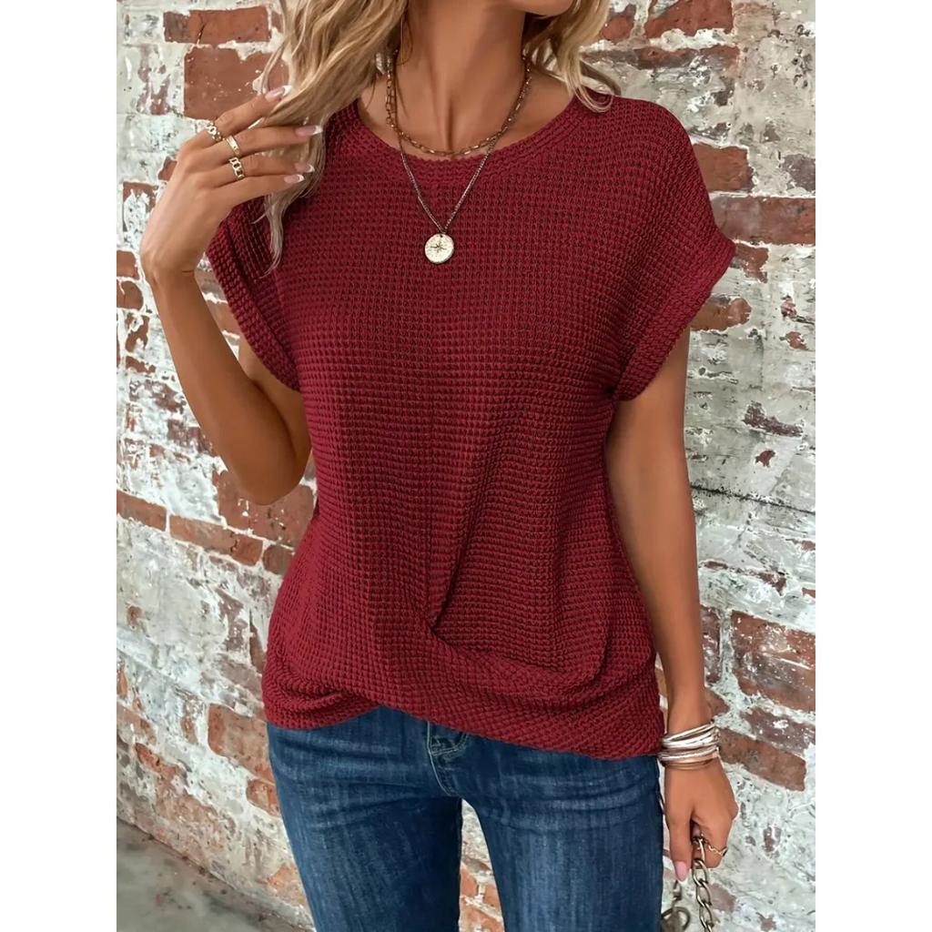 Spring and Summer New Solid Color Round Neck T-shirt Elegant Short Twist Top Women's Clothing