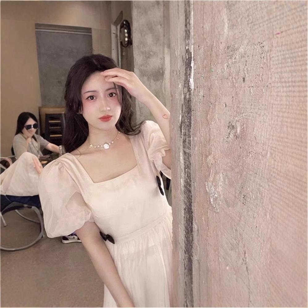 French Retro Puff Sleeve Midi Dress - Summer 2024