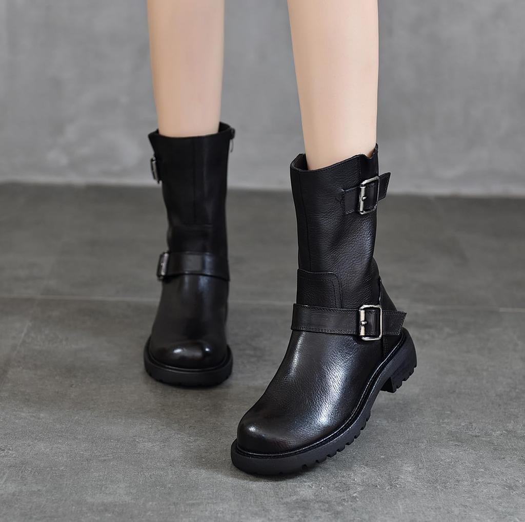 Short Round Genuine Side Low Western Easy to Walk [ZUYEE] Women's Boots, Toe, Leather, Zip, Belt, Heel, Engineer, Mid-Length Boots, Boots, in, Black,