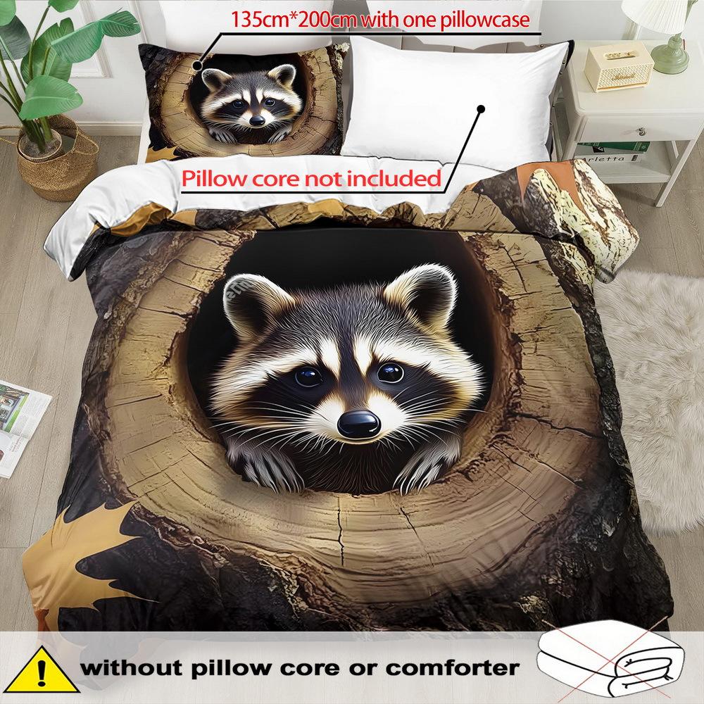 Little Raccoon Themed Down Comforter Cover Set - 2/3pcs, Soft Comfortable Breathable, Fantasy Animal Pattern Printed Bedding Set