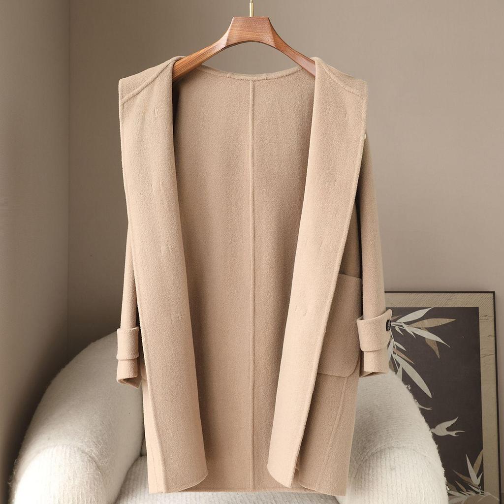 Women's Spring 2026 Hooded Double-Faced Wool Coat with Horn Buttons