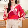 MODIQUE Spring Summer Plus Size Women Loose Silk Geometric Print Batwing Sleeve Blouse Shirts Lady Casual Oversize O-Neck Quarter Sleeve Pullover