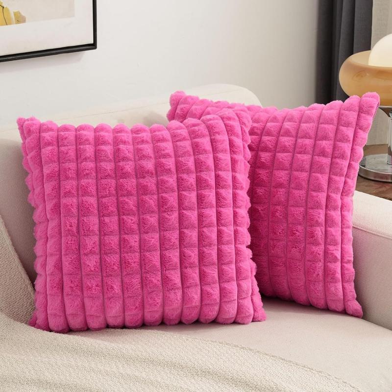 Winter New Imitation Rabbit Fur Pillow Cover Solid Color Grid Splicing Jacquard Plush Square Cushion Cover White Soft Pillowcase