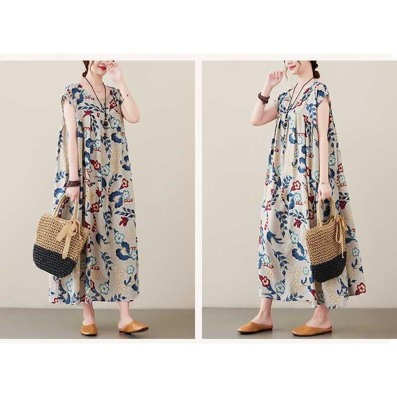 New Literary Retro Large Size Loose Thin Short-sleeved Long Dress Female