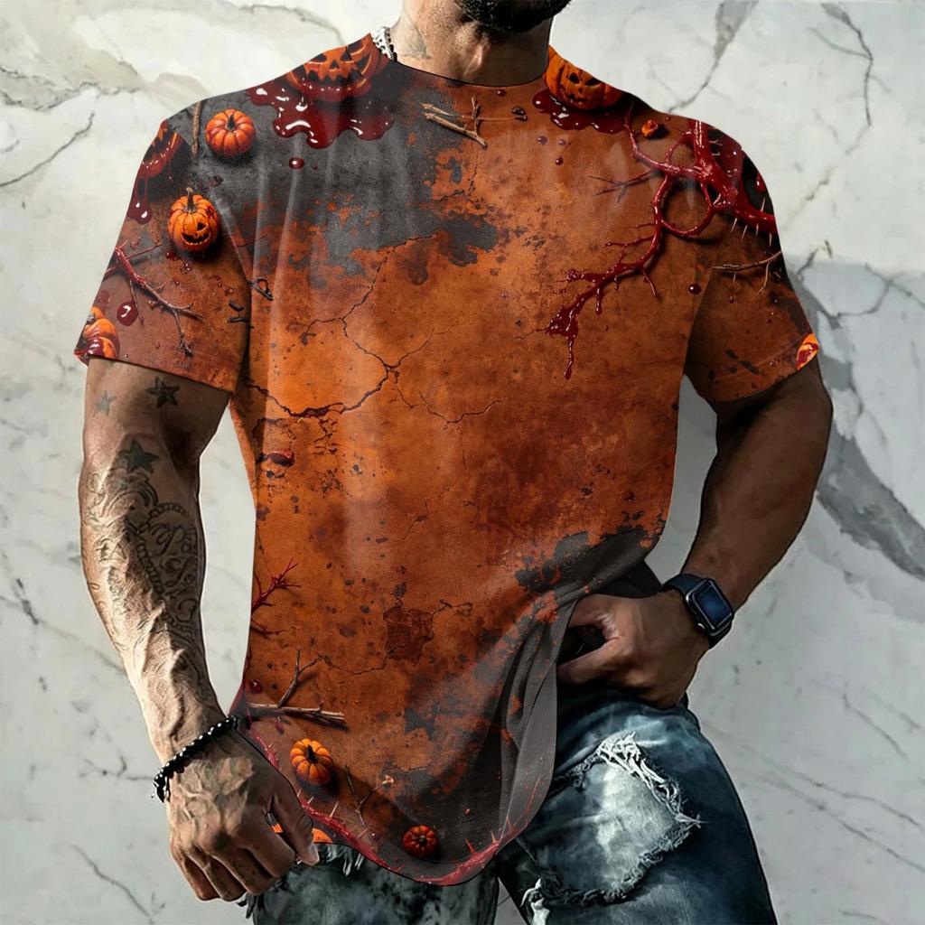 Men's Halloween Printed Retro Texture Short Sleeve T-Shirt, Loose Fit Breathable Summer Streetwear Top