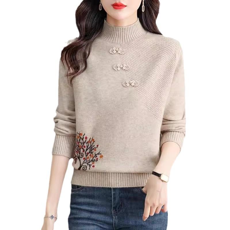 Damen Strickoberteil im chinesischen Stil mit halbem Stehkragen, einfarbiger Pullover, Pullover mit halbem Stehkragen für Damen