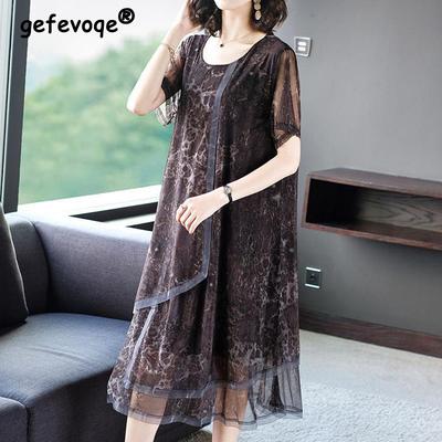 Elegant Fashion Leopard Printed Asymmetrical Dresses Summer 2025 Short Sleeve O-Neck Oversized Loose Midi Dress Women's Clothing