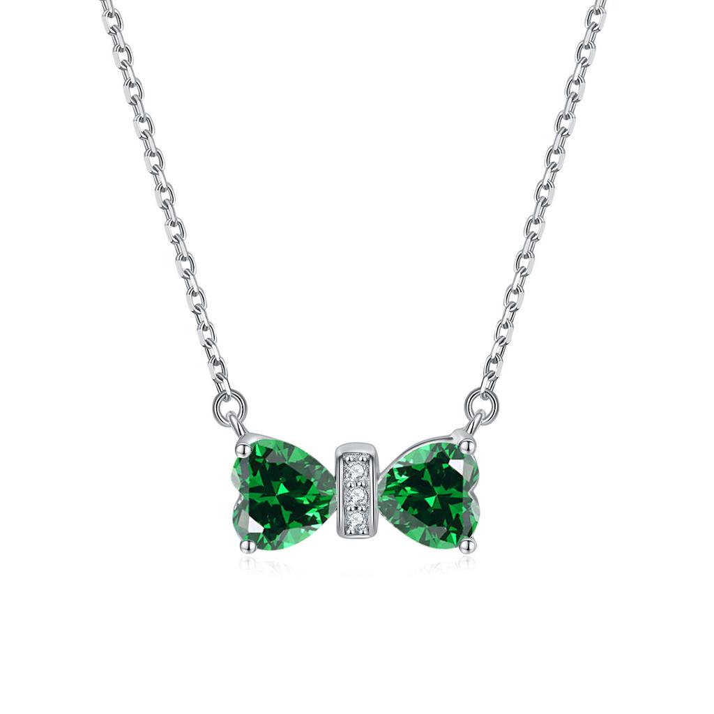 S925 Sterling Silver Necklace Cross-border Fashion Bow Pendant Female Heart-shaped Colored Treasure Necklace Simple Twelfth Birthday Stone