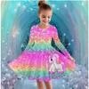 Mädchen Freizeitkleid mit 3D-Einhorn-Print, Rundhalsausschnitt, lange Ärmel, Kinder Prinzessinenkleid