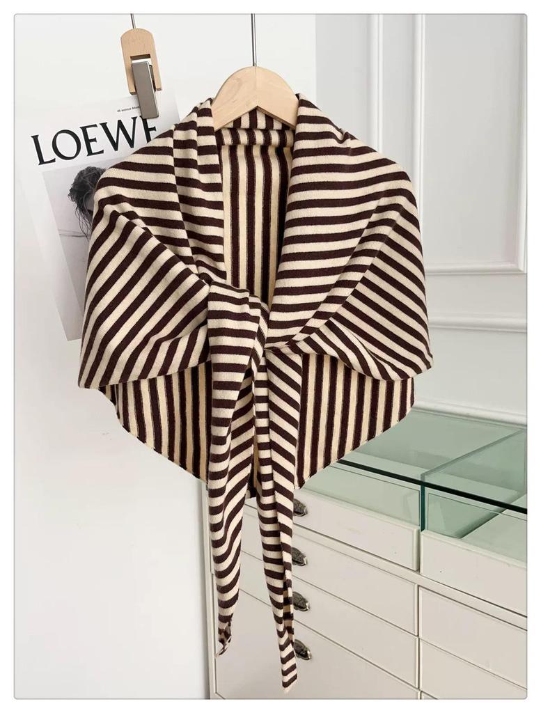 2025 Wool Blend Striped Triangle Shawl Women's Warm Thick Knitted Outerwear