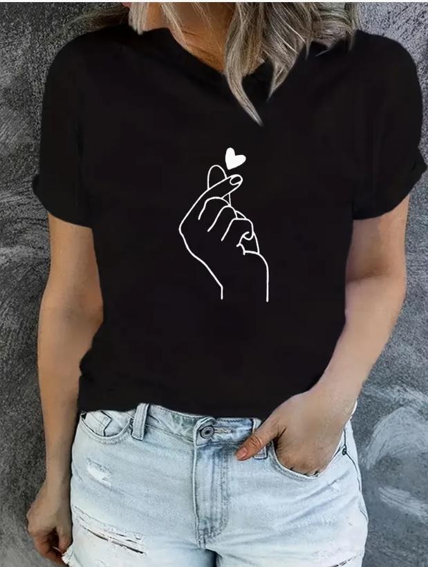 Fashion Women Simple Fingers Compared to Heart Print T Shirt Funny Casual O-neck Short Sleeves T-shirt Summer Female Tee Shirt