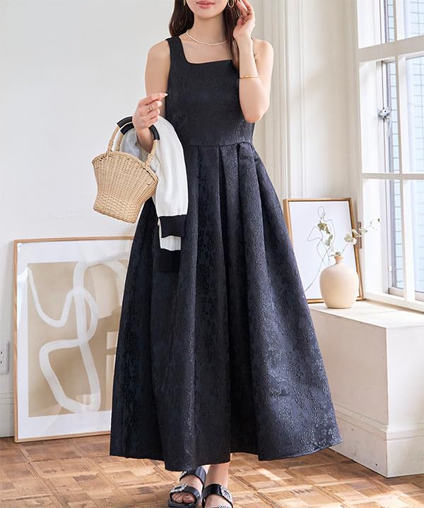 Kobe Lettuce Jacquard Square Neck Flared Size Navy Women's Dress, L, Jacquard, Spring/Summer [E3464]