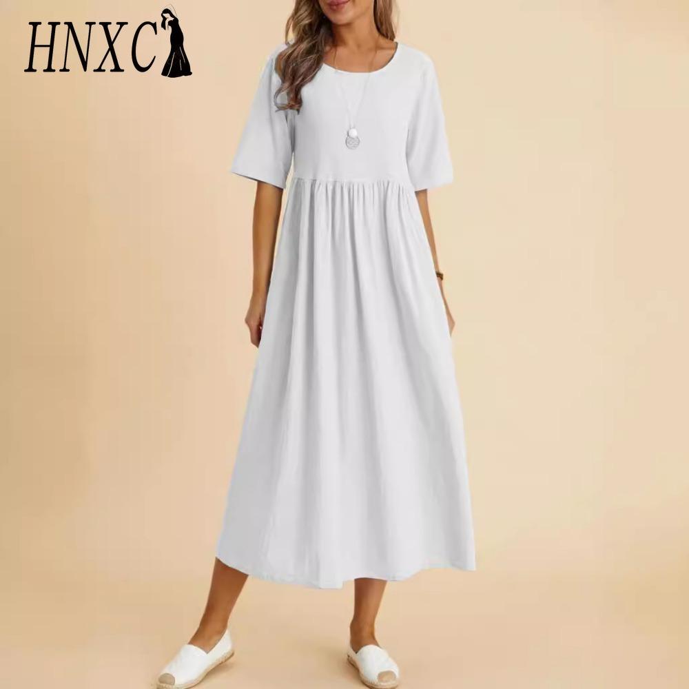 HNXC Dámské módní jednobarevné šaty Velké volné bavlněné lněné šaty s kulatým výstřihem a midi délkou Pětičtvrteční rukávy
