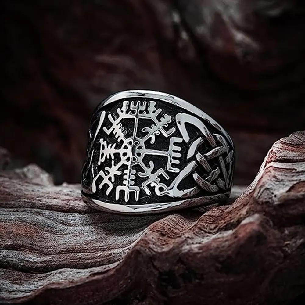 Norse Vikings Runes Celtic Knot Ring Vegvisir Symbol Compass Silver Ring Pagan Supernatural Talisman Jewelry