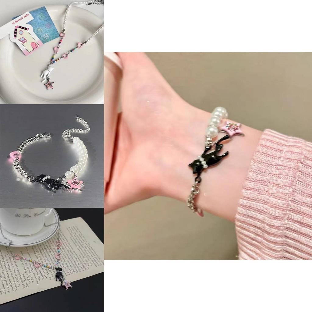 Y2k Pearl Cute Inlaid Black Cat Star Bracelet Stylish Summer Jewelry For Women