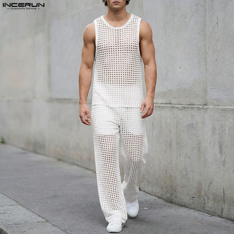 INCERUN Summer Men Beach Sets Sleeveless Hollow Tops Elastic Waist Pants Two-piece Suits