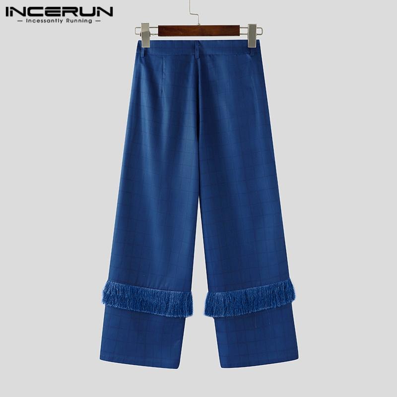 INCERUN Men Zip-up High Waist Plaid Print Tassel Casual Long Trousers Pants