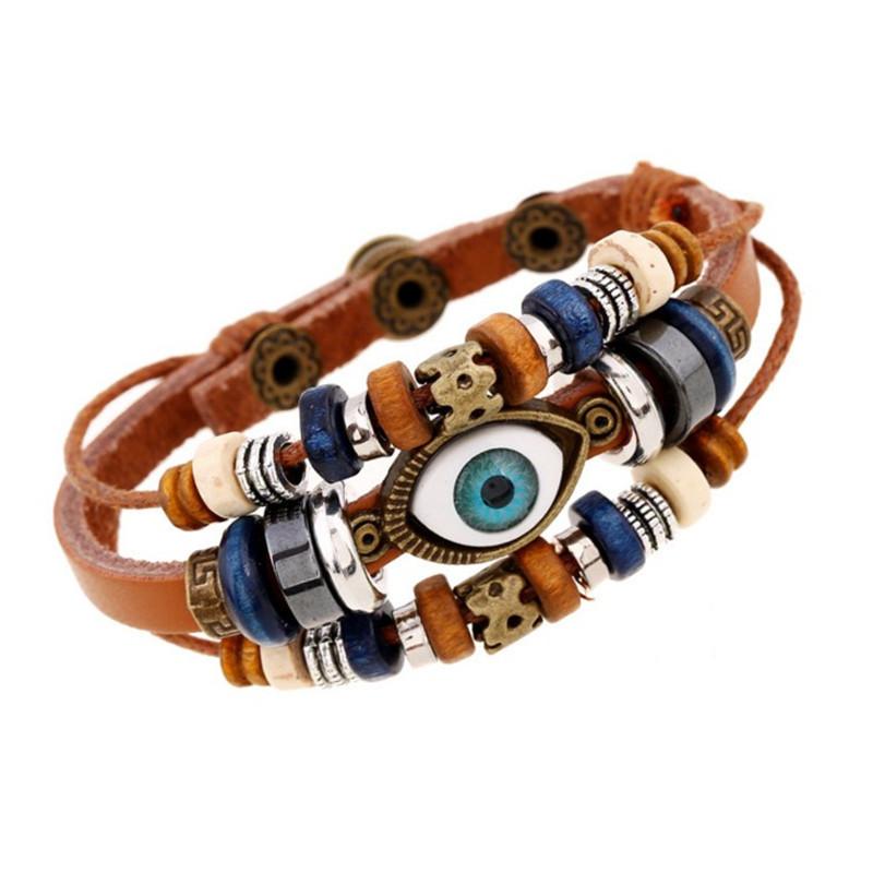 Vintage Beaded Eye Bracelets Multi-Layer Leather Rope Adjustable Bracelet Unisex Jewelry Accessries Gifts
