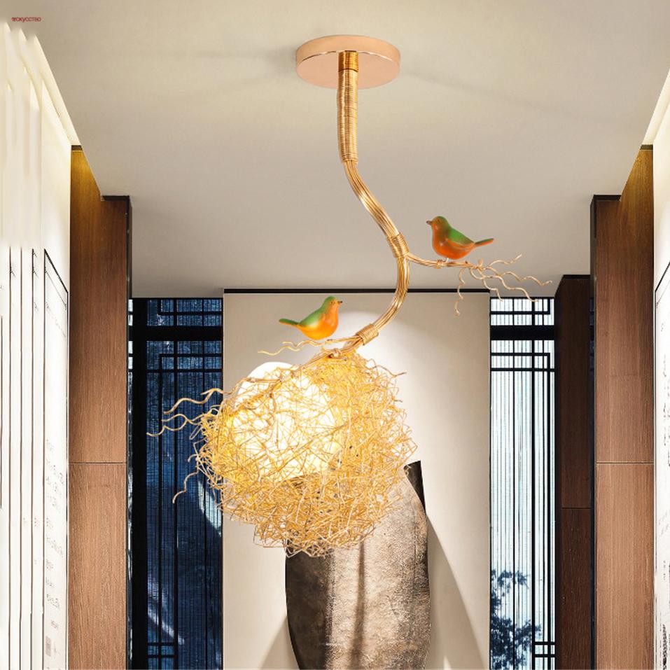 Nordic Cottagecore Gold Bird'S Nest Led Chandeliers For Living Room Bar Dining Table Loft Decoration Hanging Lighting Fixtures