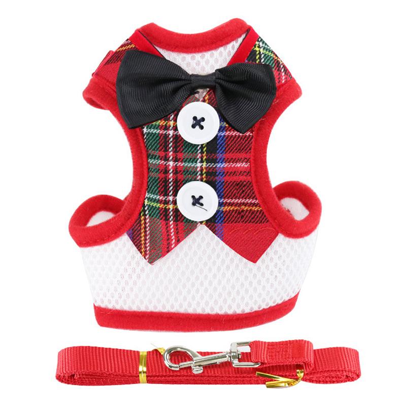 Pet Harness Leash Stylish Cute Bowknots Breathable Mesh Adjustable Dog Vest Harness for Dogs Puppies Red Grids S