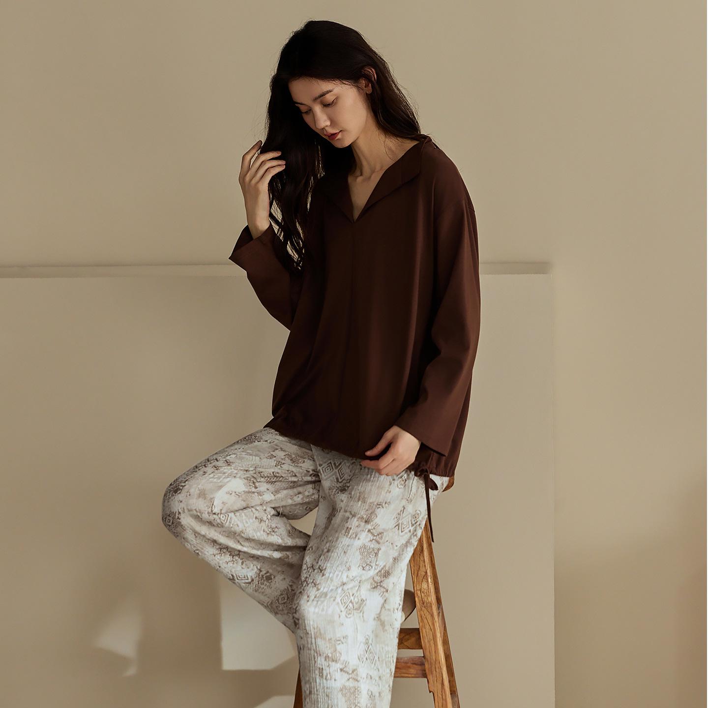 Rou Shan 2025 Женский комплект пижамы из чистого хлопка с длинным рукавом и V-образным вырезом - Весенне-осенняя мода. XL