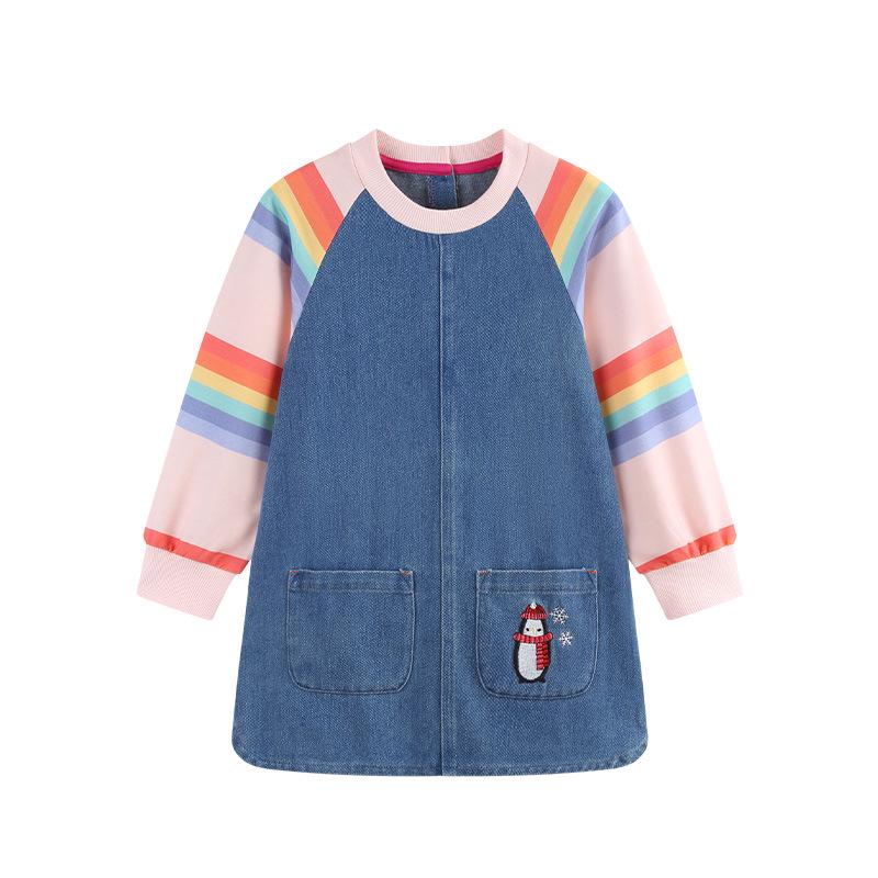 New Autumn Girls Embroidered Denim Princess Dress with Round Neck 2Y