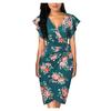 Women's Floral Print Dress Sexy V Neck Ruffle Sleeves Faux Wrap Ruched Bodycon Dress