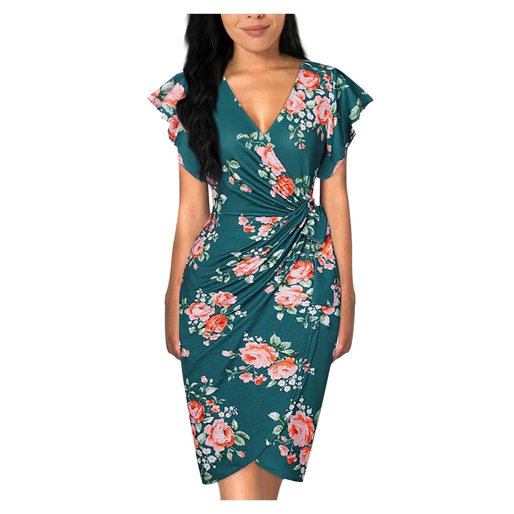 Women's Floral Print Dress Sexy V Neck Ruffle Sleeves Faux Wrap Ruched Bodycon Dress