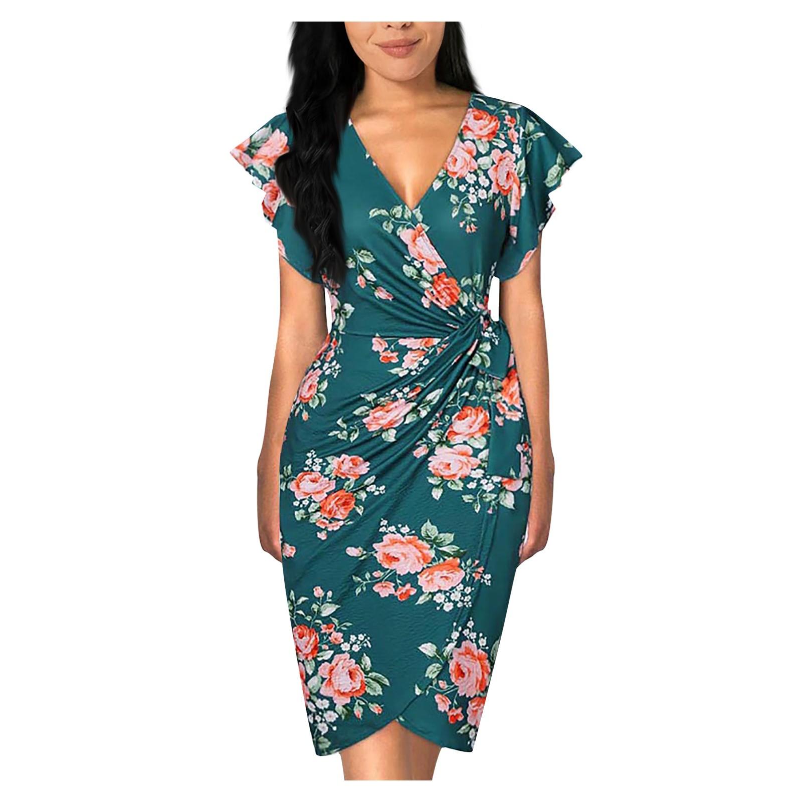 

Жіноча сукня з квітковим принтом, сексуальний V-подібний виріз, рукави з рюшами, імітація запаху, драпована облягаюча сукня XL зелений