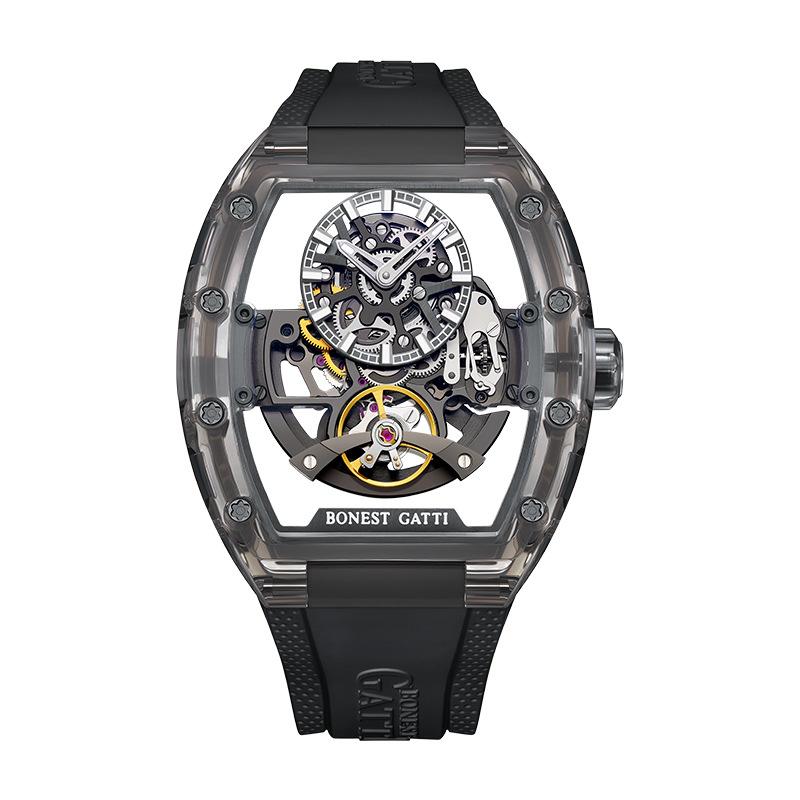 Bonest Gatti Uhren Herren-Armbanduhr, doppelt ausgehöhlt, automatische mechanische Uhr, Acryl-Tourbillon-Uhr