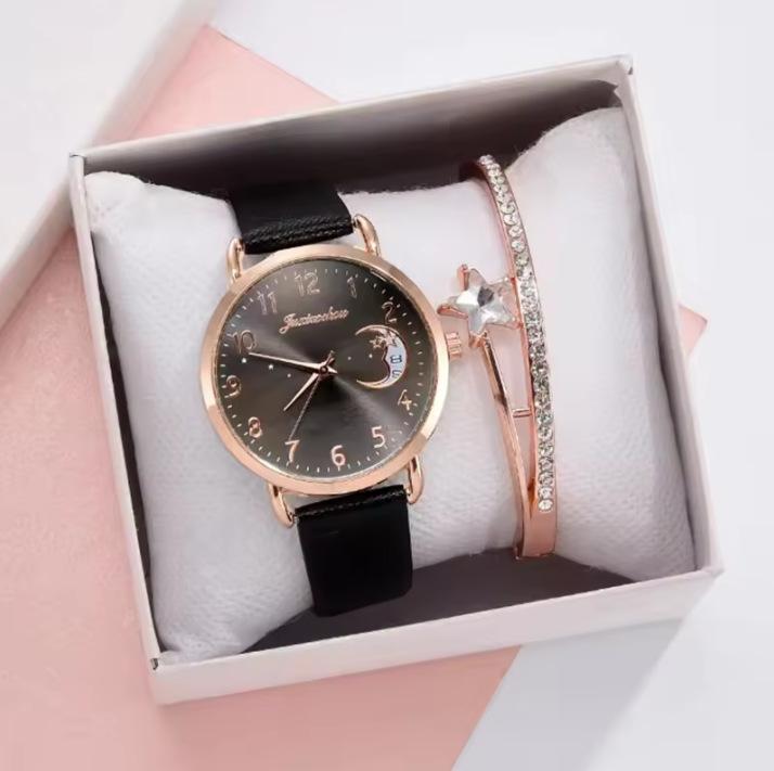 

New Women S Quartz Watch Set Pu With Moon Pattern Dial With Calendar Watch Bulk price