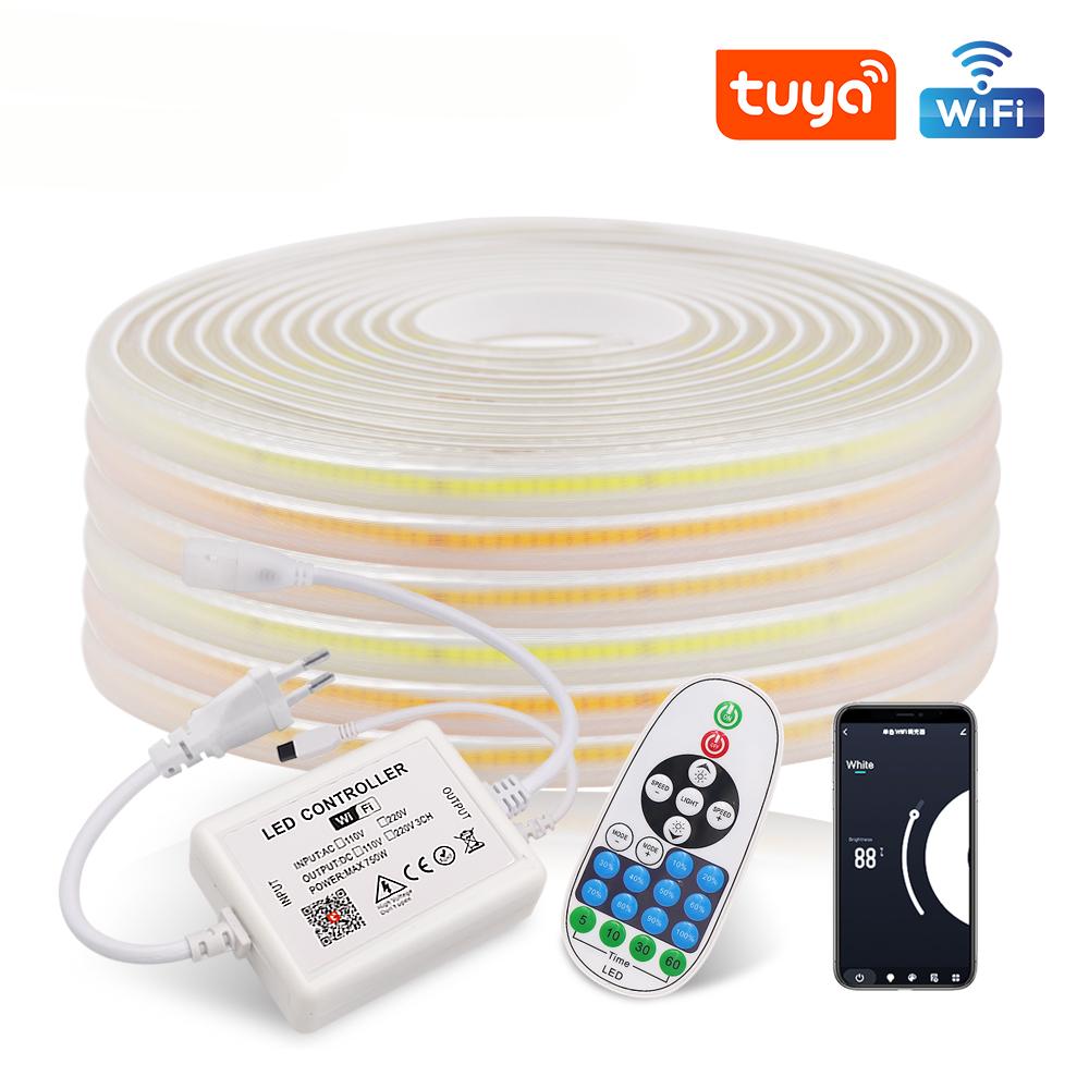 220V Tuya Wifi COB LED Strip Light Bluetooth Wall Touch Dimmable 23key Remote 750W Controller Kit 288Leds/m Waterproof Flex Lamp