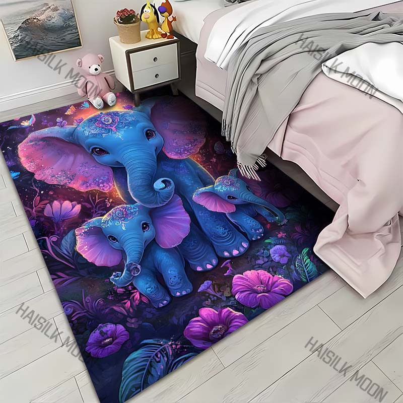 Neon Fantasy Three Elephants Carpet for Living Room Bedroom Bedside Floor Mat Sofa Table Area Rugs Home Decor Large Size