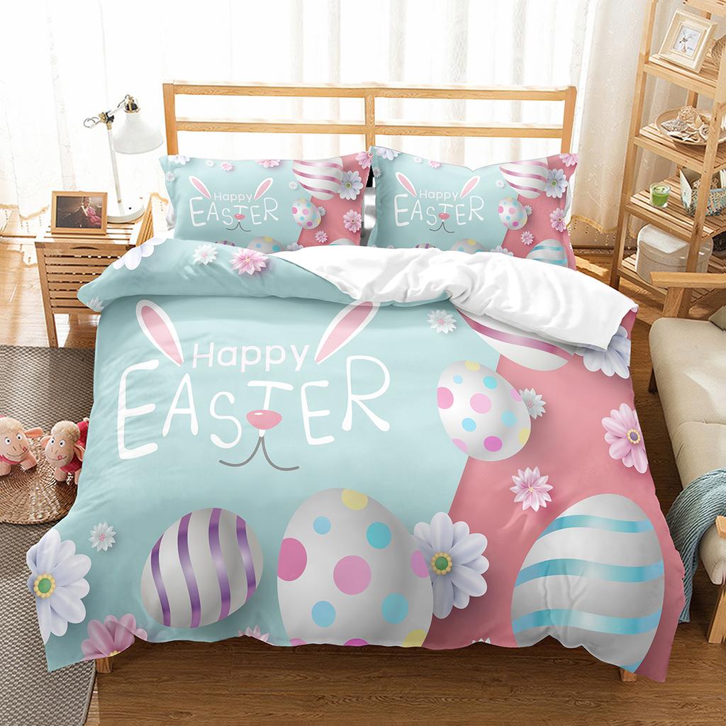 Cartoon Rabbit Duvet Cover Set Twin Queen Colorful Eggs Bedding Set Microfiber Floral Comforter Cover For Girls Boys Easter Gift