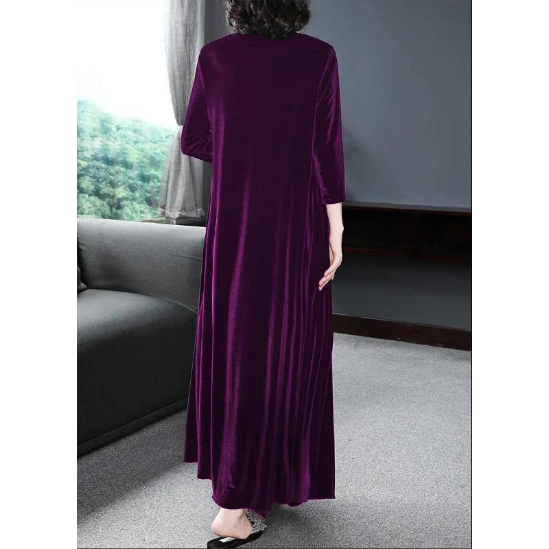 Women Casual Solid Velvet Round Neck Long Sleeve Loose Long A Line Dress