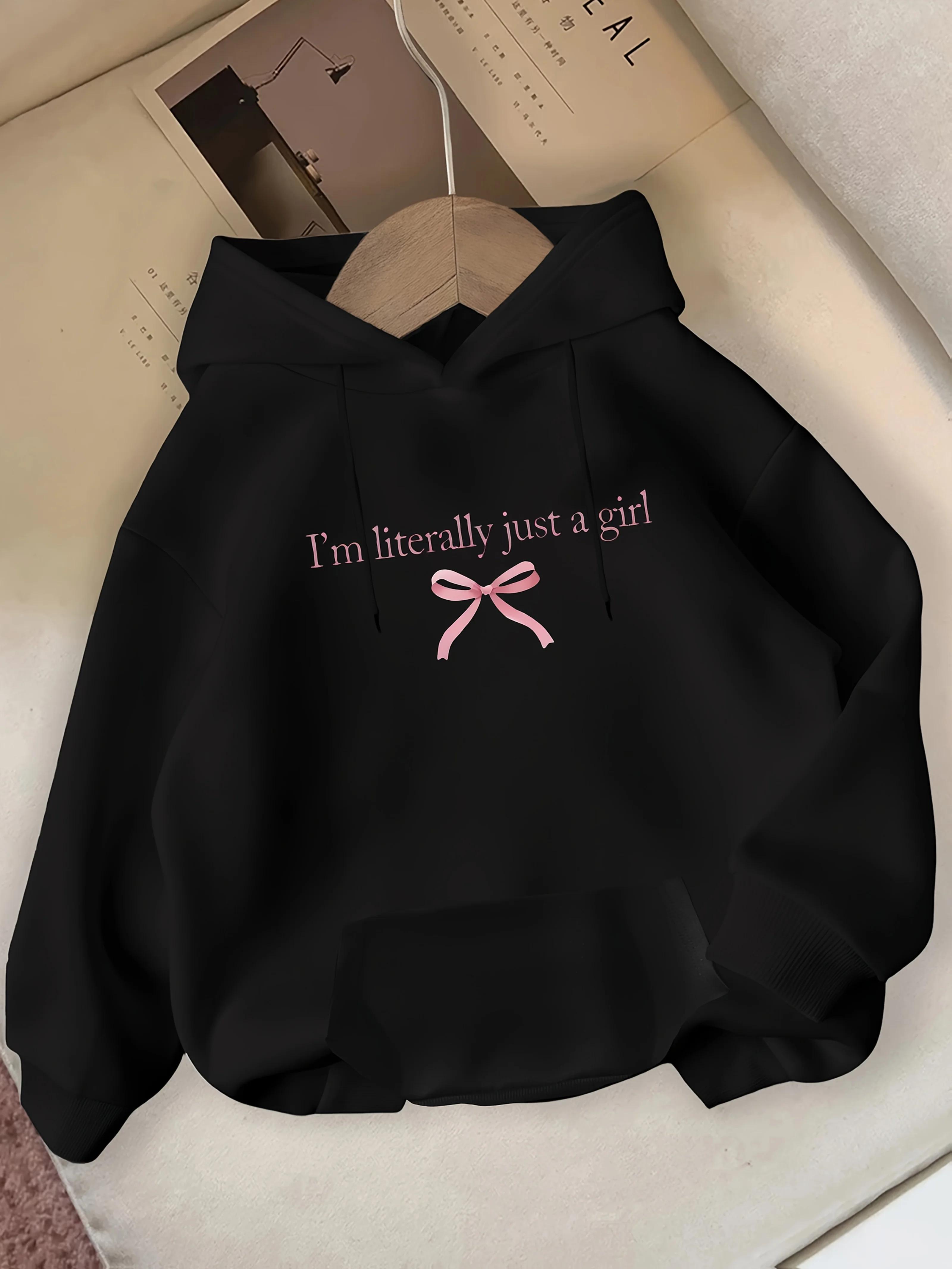 

I m Literally Just A Grill and Pink Bow Print Pattern for Autumn and Winter Women s Hooded Sweatshirt Round Neck Casual Clothing 3XL