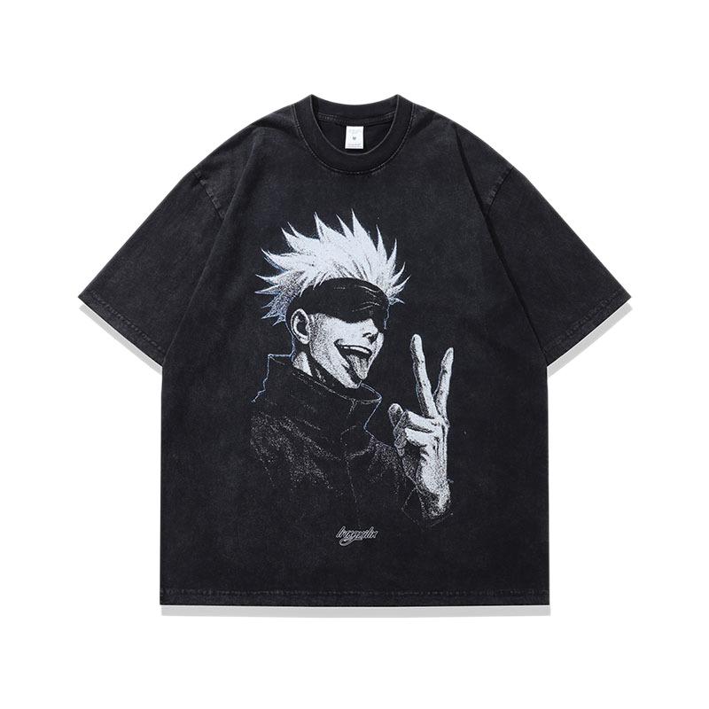 Washed And Old Short-Sleeved T-Shirt For Men And Women, Retro Animation Printing Loose Couple Trend Half-Sleeved Crew Neck Top