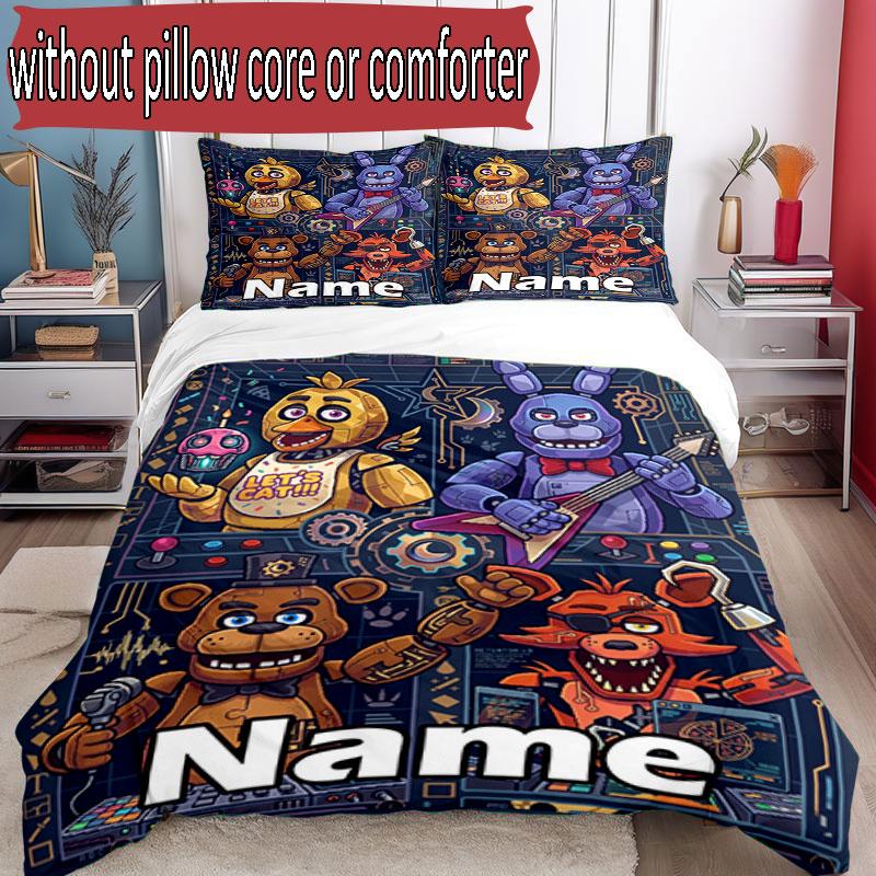 3'lü Nevresim Takımı (1*Nevresim Kılıfı + 2*Yastık Kılıfı, Çekirdeksiz), Özel İsimli Five Nights at Freddy's Desenli Nevresim Takımı, Ev Yatak Odası Dekorasyonu Hediye