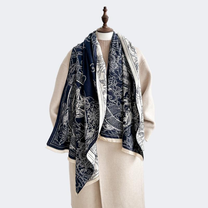 Black and White Shawl Women's Autumn and Winter New Outer Long Thickened Warm Scarf Antique Versatile Scarf