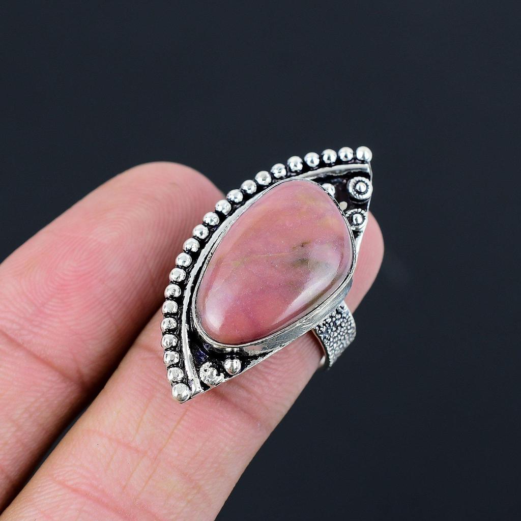 Trillion Natural Rhodonite 925 Sterling Silver Art Deco Promise Boho Ring US 7.5