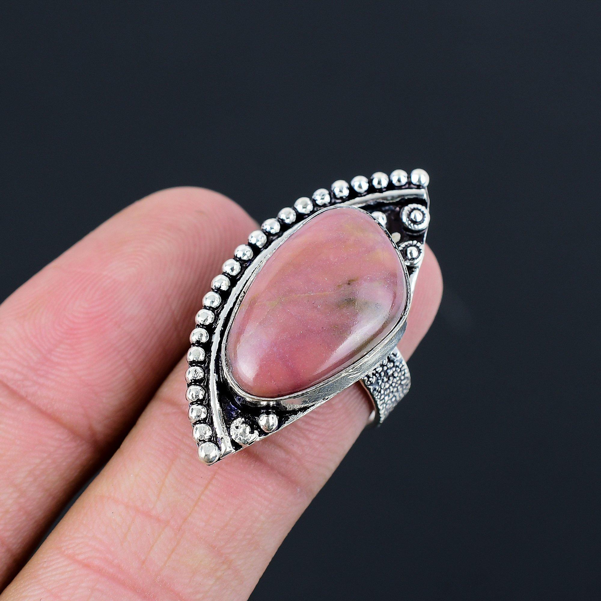 Триллион Натуральный Родонит 925 Пробы Серебро Арт-деко Кольцо-обещание Бохо Размер US 7.5 7.5