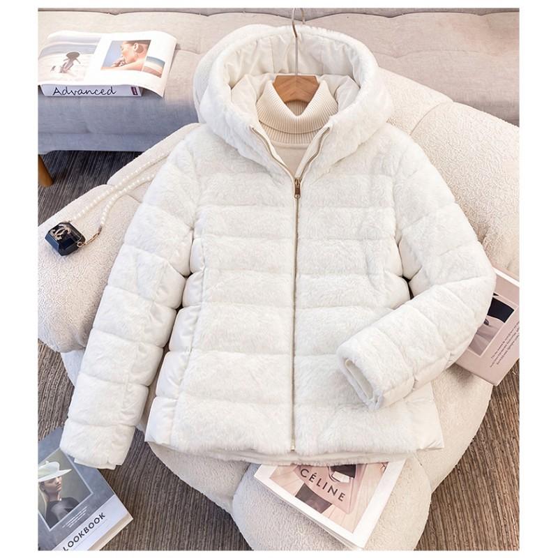 Womens Short Winter Coat With Faux Fur Trim Panel Design Hooded Cotton Puffer Jacket Cold Weather