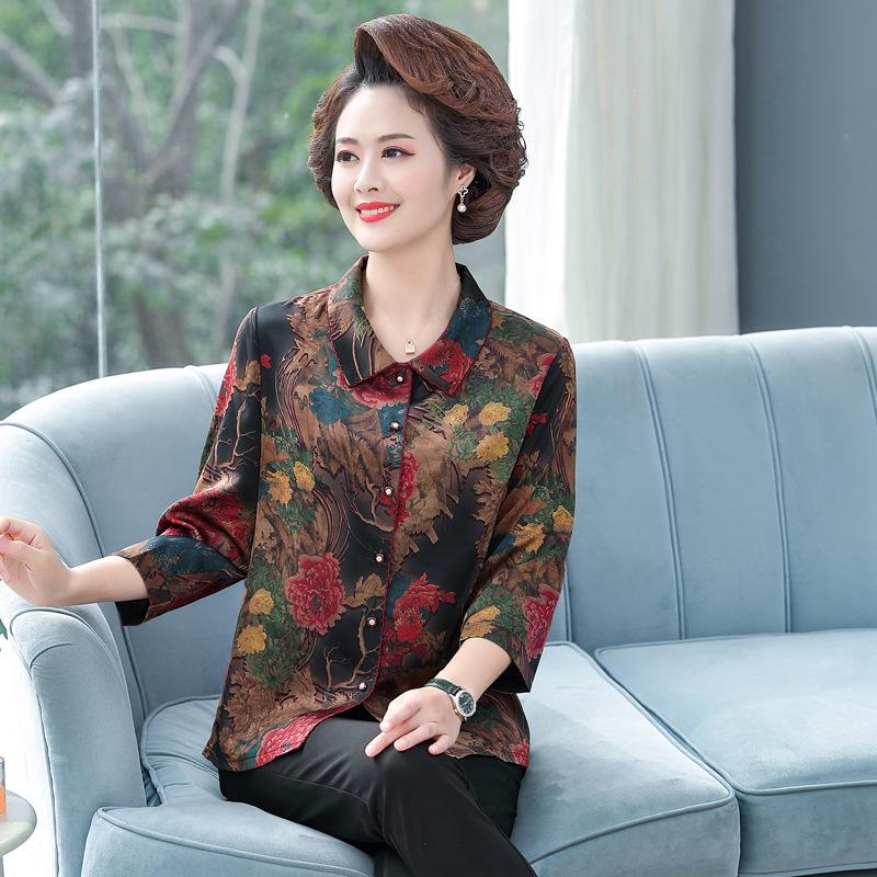 

Floral Imitation Silk Seven-Sleeve Blouse for Elderly Women L (for 80-100 jin) чёрный