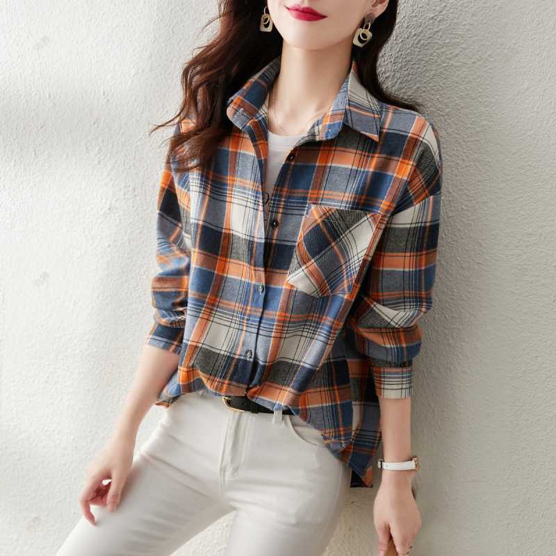 Women Lapel Plaid Button Down Shirt Long Sleeve Loose Casual Pocket Blouse Vintage Commuter Spring Tops