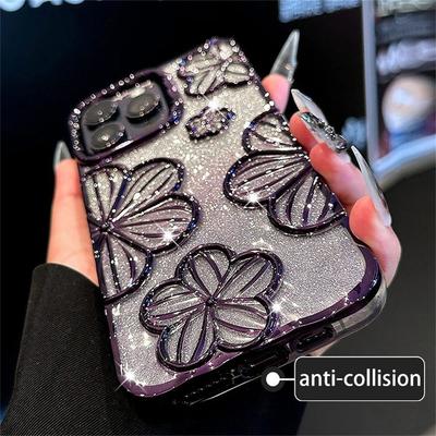Luxury Plating Glitter Laser Flowers Gradual Soft Case For iPhone 16 Pro Max 15 14 13 12 11 Artistic Lens Protective Cover Funda