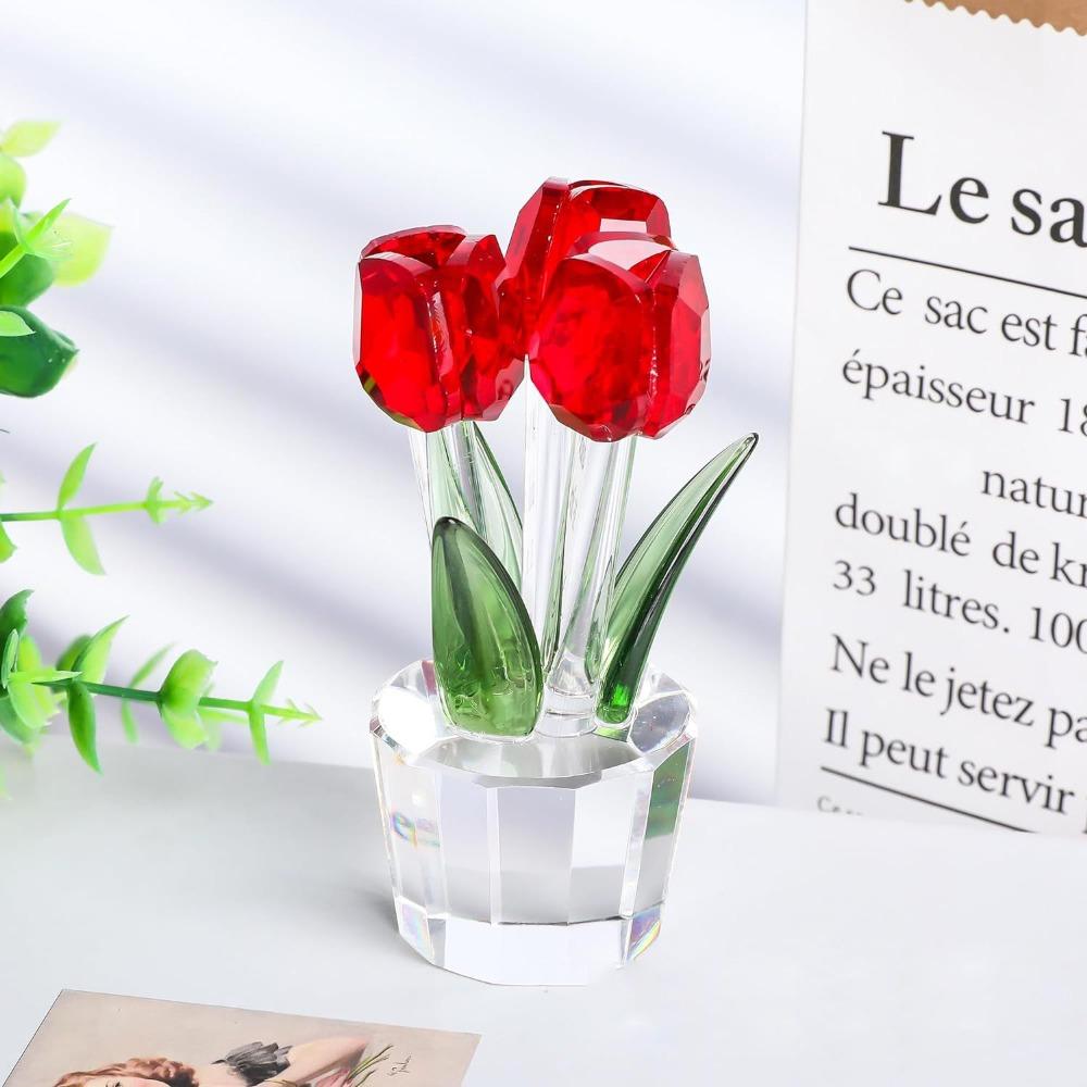 Creative Crystal Tulip Sculpture Colorful Handmade Tulip Bouquet Ornaments Reflect Small Desktop Floral Decorations