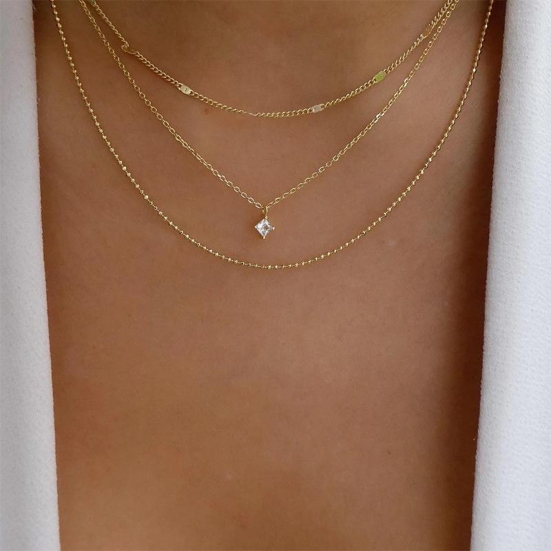 Square diamond necklace niche jewelry multi-layer metal chain pendant female collarbone chain wind