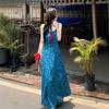 Holiday wind blue floral suspender dress women's summer French waist long dress design sense gentle a word skirt