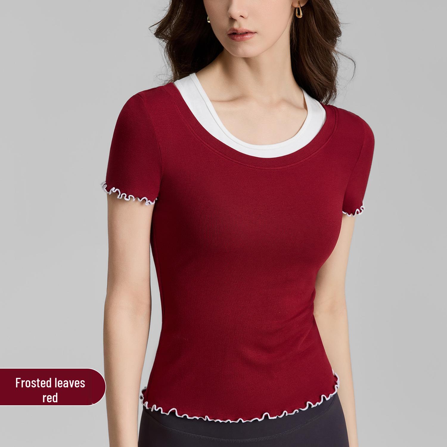 

Women s Color-Block Yoga T-Shirt, Spring Style, Tight-Fit, Ruffled Sleeves, Wear as Outerwear Small