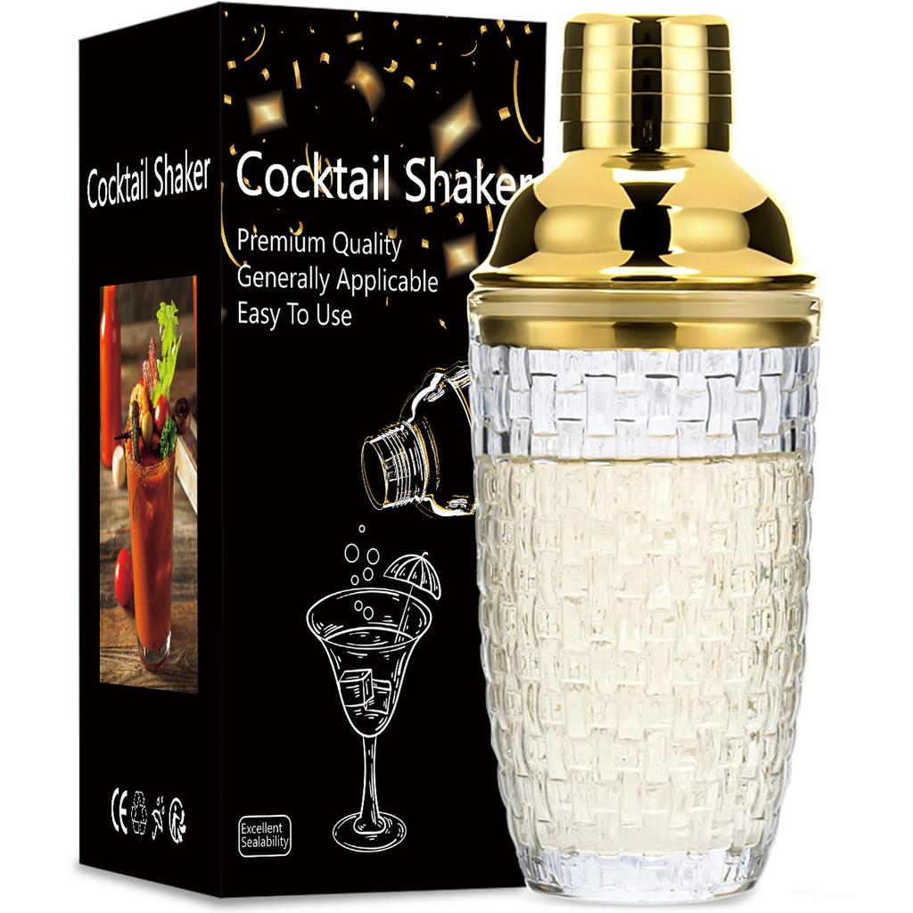 Glass Cocktail Shaker Woven Texture Glass Stainless Steel Lid Cocktail Glass with Leak-Proof Metal Steel Lid and Strainer